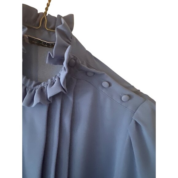 Vintage Ms. Chaus Blue Long-Sleeve Dress Ruffle Collar & Button Details Size 6 - Picture 2 of 5